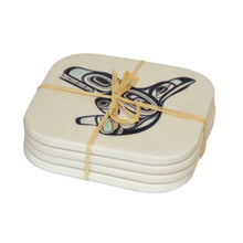 Load image into Gallery viewer, A set of four coasters. they are off white, with a black formline whale design.
