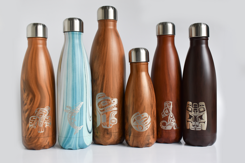 Six water bottles consisting of bottles with various tints and graphic designs on each.