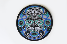Load image into Gallery viewer, A dark gray, black, blue, white, and teal formline design featuring Thunderbird. It has black binding on the edges of the patch