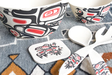 Load image into Gallery viewer, Picture of all 4 Raven design bamboo items. Photo includes the large bowl, small bowl, coaster, and cutlery.