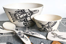Load image into Gallery viewer, A picture of all four eagle items. A large bowl in the back, a small bowl to its left, a coaster in the lower right corner and the serveware crossed and to the left of the bowls.