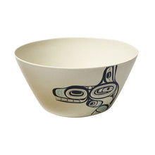 Load image into Gallery viewer, a small off white bowl with a formline whale design. the Whale is black with blue accents.