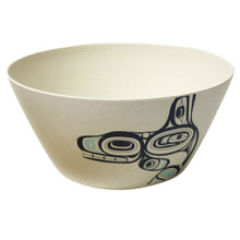 Load image into Gallery viewer, A off white colored bowl with a formline design of a whale on the side, the what is black with blue accents.