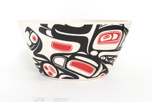 Load image into Gallery viewer, Large bamboo fiberware bowl. Features black and red raven design across one of the sides.