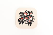 Load image into Gallery viewer, Overhead photo of bamboo fiberware coaster. COaster features black and red raven design across its surface.