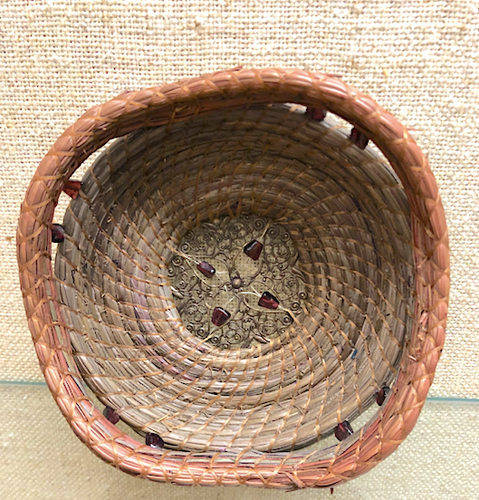 Dyed Pine Needle Basket with Metal Filigree and Garnet Stones